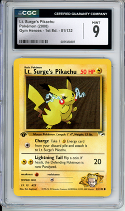 CGC 9 MINT Lt. Surge's Pikachu Gym Heroes 1st Edition 81/132 Pokemon Card WOTC - Image 1