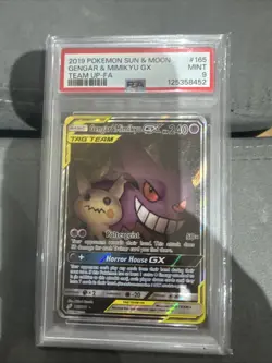 2019 POKEMON SUN & MOON TEAM UP #165 FULL ART/GENGAR & MIMIKYU GX PSA 9 - Image 1
