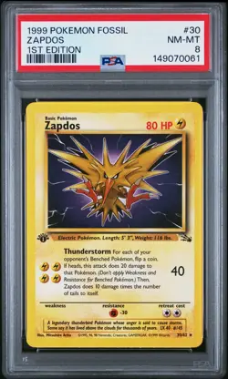 1999 POKEMON FOSSIL 1ST EDITION #30 ZAPDOS PSA 8 - Image 1