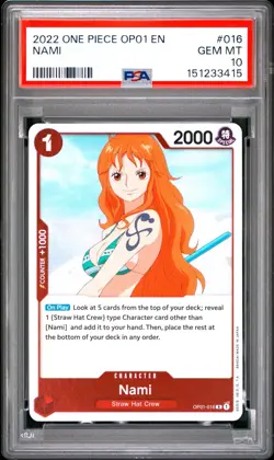 One Piece CCG Nami OP01-016 PRE ERRATA PSA 10 Gem Mint - Image 1