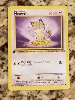 1st Edition Meowth 56/64 Common 1999 WOTC Jungle Pokemon Cards - Image 1