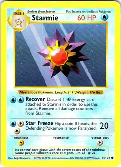 Starmie 64/102 Common Base Set Shadowless Pokemon Unlimited Mp - Image 1