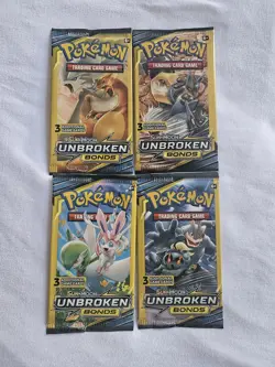 Pokemon Sun and Moon Unbroken Bonds 3 Card Booster Pack Complete Art Set (4pk) - Image 1