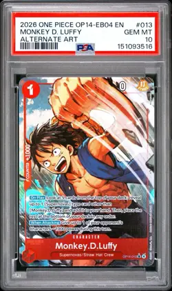 2026 One Piece Monkey D Luffy OP14-EB04 013 Alt Art The Azure Sea's Seven PSA 10 - Image 1