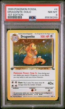 1999 Pokemon Fossil Dragonite 1st Edition Holo #4/62 PSA 8 NM-MT - Image 1
