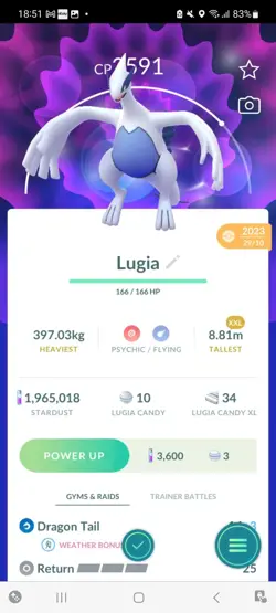 Pokemon Go Legendary Lugia ( XXL) ( Purified) ( Normal ) - Image 1