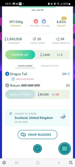 Pokemon Go Legendary Lugia ( XXL) ( Purified) ( Normal ) - Image 2