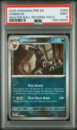 2025 POKEMON PRE EN-PRISMATIC EVOLUTIONS MASTER BALL REVERSE HOLO UMBREON PSA 9 - Image 1