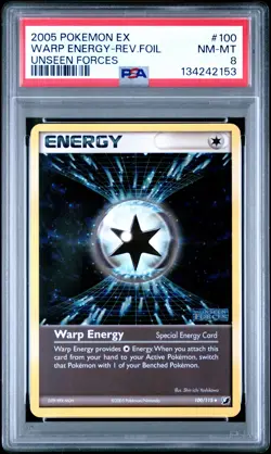 2005 POKEMON EX UNSEEN FORCES #100 WARP ENERGY-REVERSE FOIL PSA 8 - Image 1