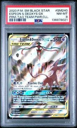 PSA 8 Espeon & Deoxys GX Black Star Promo #SM240 Tag Team Pokemon TCG PSA 8 - Image 1