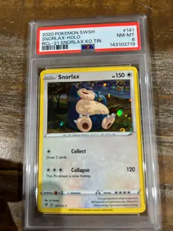 Pokemon 2020 SWSH Rebel Clash KO Tins Promo SNORLAX Holo #141 PSA 8 RARE 2 - Image 1