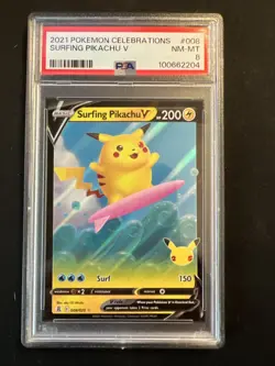2021 Pokemon Surfing Pikachu V 008/025 Celebrations PSA 8 NM-MT - Image 1