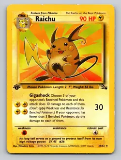 Raichu 29/62 Rare Fossil Pokemon 1st Edition MP - Image 1