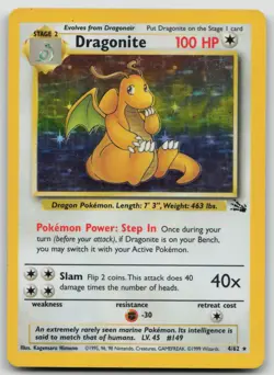 1999 Pokemon Fossil Dragonite Holo 4/62 HP - Image 1