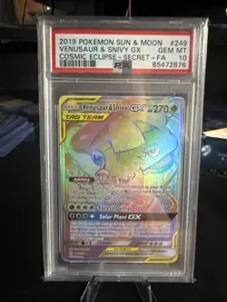 PSA 10 GEM MINT Pokemon Venusaur & Snivy GX Cosmic Eclipse Secret Rare 249/236 - Image 1