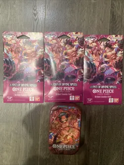 One Piece Card Game A Fist Of Divine Speed Booster Pack Lot of 3x + Vol 1 Tin - Image 1