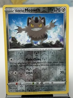 SHIPS SAME DAY Pokemon Card NM/M Galarian Meowth 127/202 Rev Holo Metal Type - Image 2