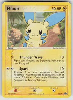 Minun 12/17 Common POP Series 1 Pokemon Moderately Played - Image 1