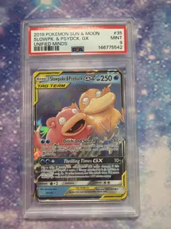 PSA 9 MINT Slowpoke & Psyduck GX 35/236 Tag Team Unified Minds Pokemon 2019 - Image 1