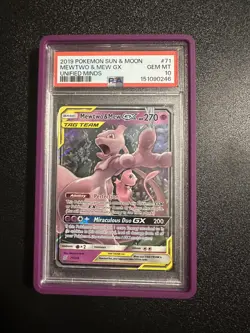 2019 POKEMON SUN & MOON UNIFIED MINDS #71 MEWTWO & MEW GX PSA 10 - Image 1
