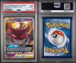 2019 POKEMON SUN & MOON TEAM UP #53 GENGAR & MIMIKYU GX PSA 9 - Image 1
