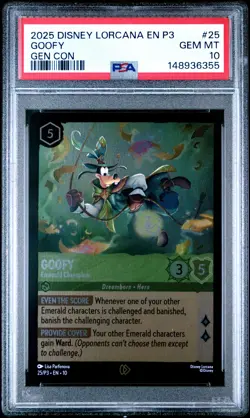2025 DISNEY LORCANA EN P3-PROMO GEN CON 2025 #25 GOOFY - EMERALD CHAMPION PSA 10 - Image 1