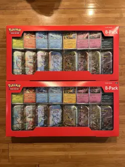 Pokemon Prismatic Evolutions 8 Mini-Tins with Promo Cards Costco 2-Pack IN HAND! - Image 1