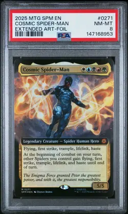 2025 MTG MARVEL'S SPIDER-MAN EXTENDED ART-FOIL #0271 COSMIC SPIDER-MAN PSA 8 - Image 1