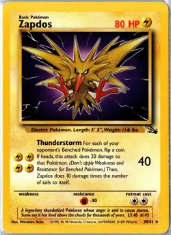 Pokemon Card - Zapdos Fossil 30/62 1999 Rare Unlimited Moderately Played - Image 1