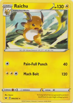 LP Pokemon Raichu - 066/202 - Rare Lightly Played Sword & Shield Base Set - Image 1