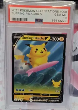 2021 POKEMON CELEBRATIONS #008 SURFING PIKACHU V PSA 10 - Image 1