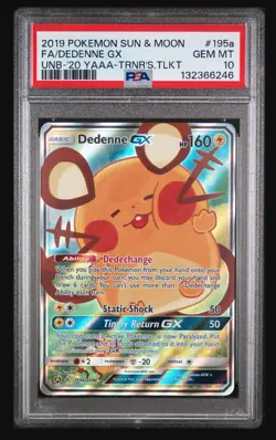 2019 POKEMON SUN & MOON UNBROKEN BONDS #195A FULL ART/DEDENNE GX PSA 10 - Image 1