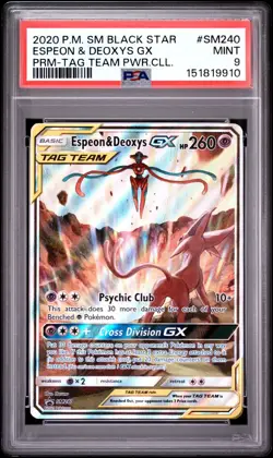 2020 Pokemon SM Black Star Promo Espeon & Deoxys GX PRM-TAG Team PSA 9 #SM240 - Image 1