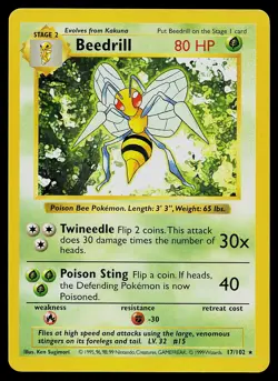 Pokemon Card - Beedrill Base Set (Shadowless) 17/102 Rare - Image 1