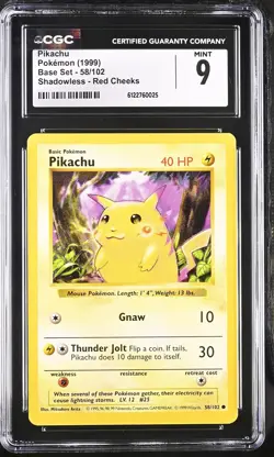 CGC 9 MINT Pikachu 58/102 Shadowless Red Cheeks Base Set Pokemon Card - Image 1