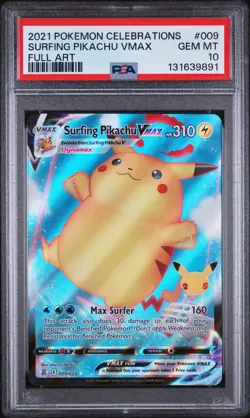 PSA 10 2021 POKEMON CELEBRATIONS 009/025 FULL ART/SURFING PIKACHU VMAX - Image 1