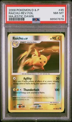 Pokemon 2008 Diamond & Pearl Majestic Dawn Raichu Reverse Holo #45 PSA 8 NM-MT - Image 1