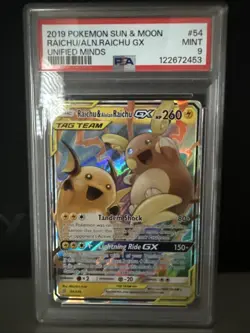 2019 Pokemon SM Unified Minds Raichu Alolan Tag Team #54/236 PSA 9 - Image 1