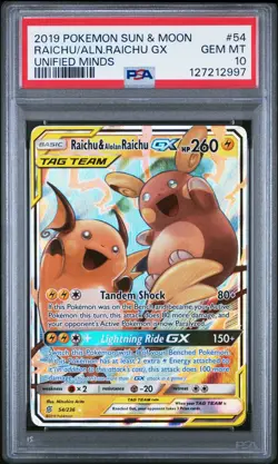 POKEMON UNIFIED MINDS RAICHU & ALOLAN RAICHU GX #54 PSA 10 GEM MINT #127212997 - Image 1