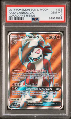 2017 POKEMON SUN & MOON GUARDIANS RISING #138 FULL ART/LYCANROC GX PSA 10 - Image 1