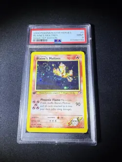 Blaine's Moltres Gym Heroes Holo Card 1/132 1st Edition Rare Double Swirl PSA 9 - Image 1