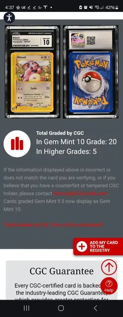(POP 20) CGC 10 GEM MINT Miltank 94/147 Aquapolis Pokemon Card 2003 - Image 4