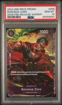 One Piece Roronoa Zoro OP06 Pre Release Winner PSA 10 - Image 1