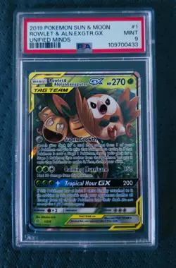 Pokemon Rowlet & Alolan Exeggutor GX Unified Minds #1 PSA 9 Mint - Image 1