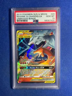 2019 POKEMON SUN & MOON UNBROKEN BONDS #20 RESHIRAM & CHARIZARD GX PSA 10 - Image 1