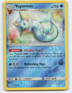 2019 Pokemon, Cosmic Eclipse, #42/236 Vaporeon, Reverse Holo Uncommon NM - Image 1