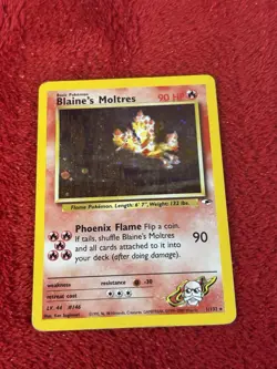 Blaine's Moltres 001/132 Gym Heroes Holo Pokemon Card Played - Image 1