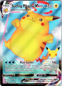 Surfing Pikachu VMAX 009/025 Holo VMAX Rare Celebrations Pokemon Holo LP - Image 1