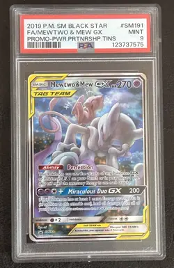2019 POKEMON SM BLACK STAR PROMO #SM191 FULL ART/MEWTWO & MEW GX PSA 9 MINT - Image 1