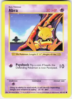 Abra 43/102 Common Base Set Shadowless Pokemon MP 01-01-12 - Image 1